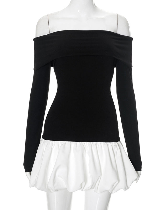 Contrast Color Pleated Split-Joint High Waisted Long Sleeves Off-The-Shoulder Mini Dresses