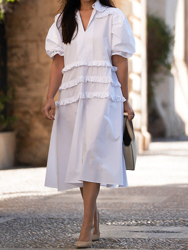 Pleated Ruffled Solid Color Split-Joint Loose Puff Sleeves Lapel Shirt Dress Midi Dresses