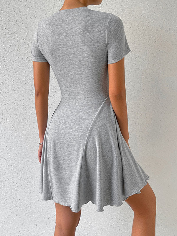 Pleated Solid Color A-Line High Waisted Round-Neck Mini Dresses