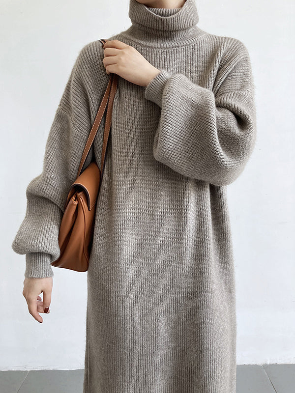 Urban Loose Puff Sleeves Solid Color High-Neck Sweater Dresses