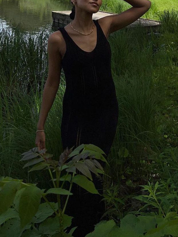 Backless Hollow See-Through Solid Color Split-Joint Skinny Sleeveless Wide Straps Maxi Dresses
