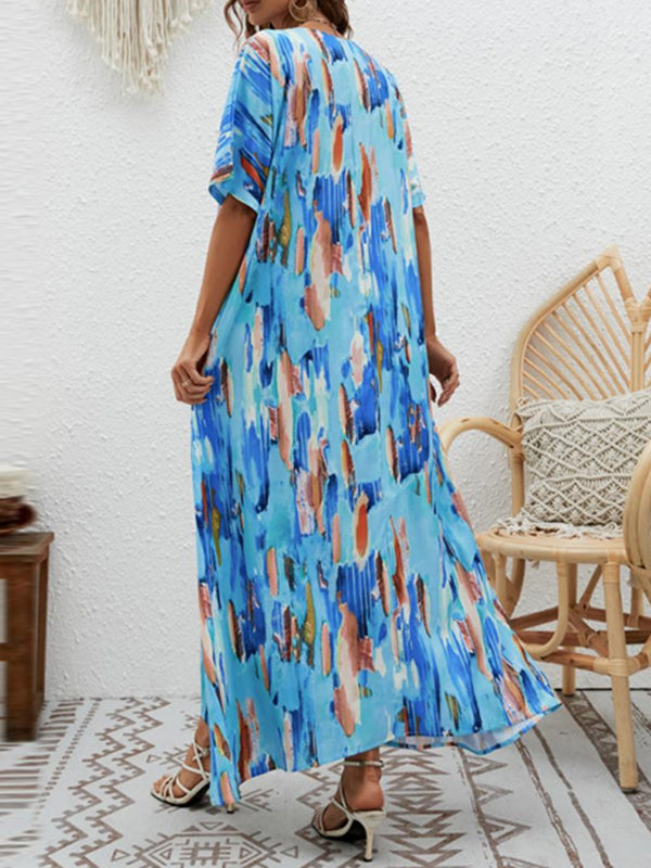 Contrast Color High-Waisted Printed Loose Short Sleeves V-neck Maxi Dresses