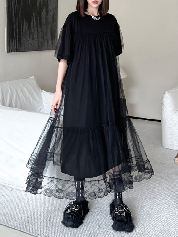 Gauze Pleated Solid Color Split-Joint Tiered Fake Two-Piece Loose Round-Neck Midi Dresses