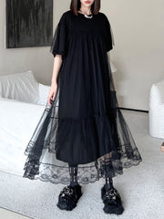 Gauze Pleated Solid Color Split-Joint Tiered Fake Two-Piece Loose Round-Neck Midi Dresses