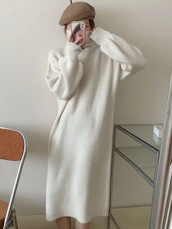 Solid Color Long Sleeves Loose High Neck Sweater Dresses Midi Dresses