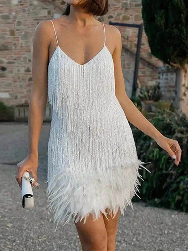 Crystal Chain Fringe Mesh Mini Dress In Silver