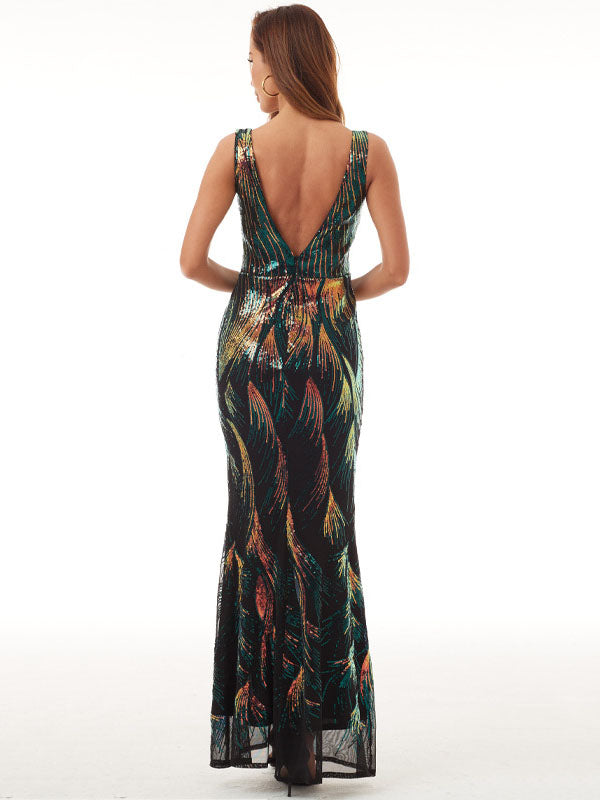 Evening  Wrap Backless Embroidered V-Neck Dress