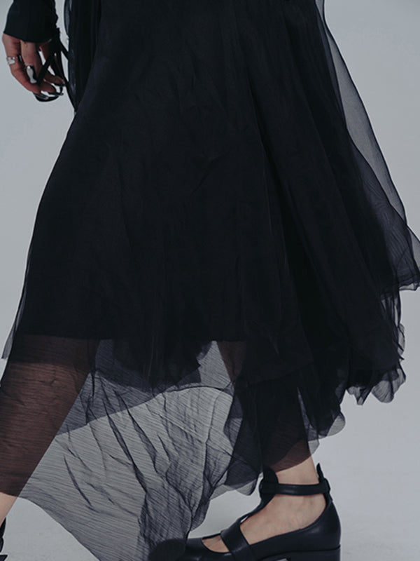 Urban Drawstring Long Sleeves Black Gauze Midi Dress