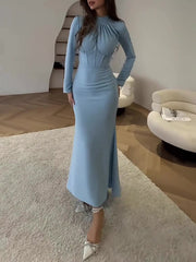 Pleated Solid Color Tied Zipper Bodycon Long Sleeves Mock Neck Maxi Dresses