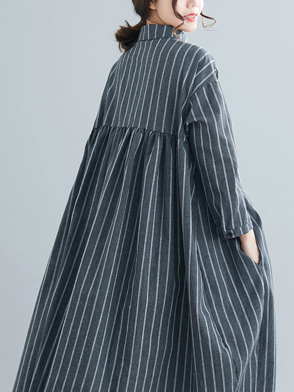 Simple Striped Buttoned Lapel Long Sleeves Shirt Dress