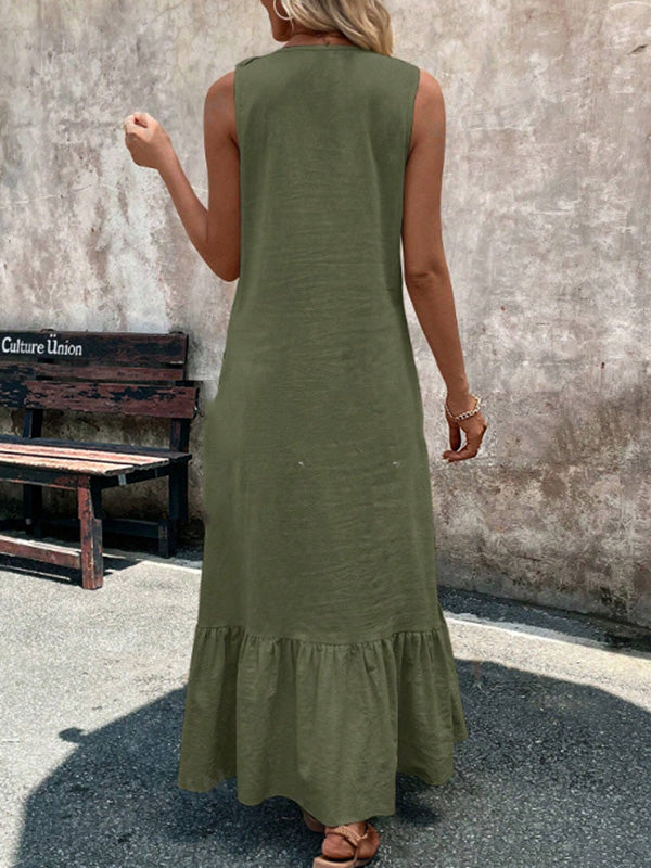 Pleated Ruffle Trim Solid Color A-Line Loose V-Neck Maxi Dresses