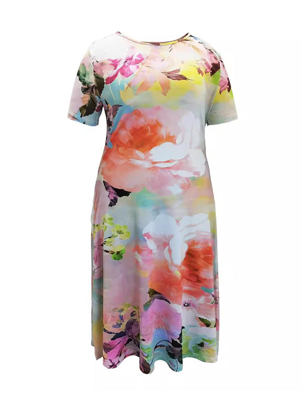 Flower Print Pockets A-Line Loose Round-Neck Midi Dresses