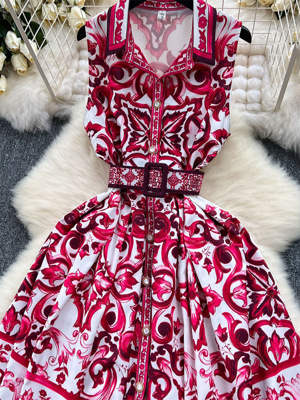 Belt Buckle Buttoned Contrast Color Floral Printed Sleeveless Midi Dresses
