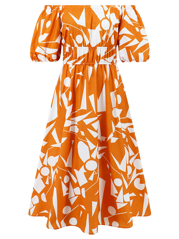 Contrast Color Elasticity Pleated Pockets Printed A-line Espadrilles Off-the-shoulder Midi Dresses