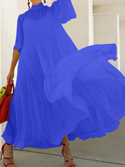 Solid Color Loose Plus Size Split-Joint Inner Dress + Mock Neck Mesh Pleated Outer Dress Two Pieces Set