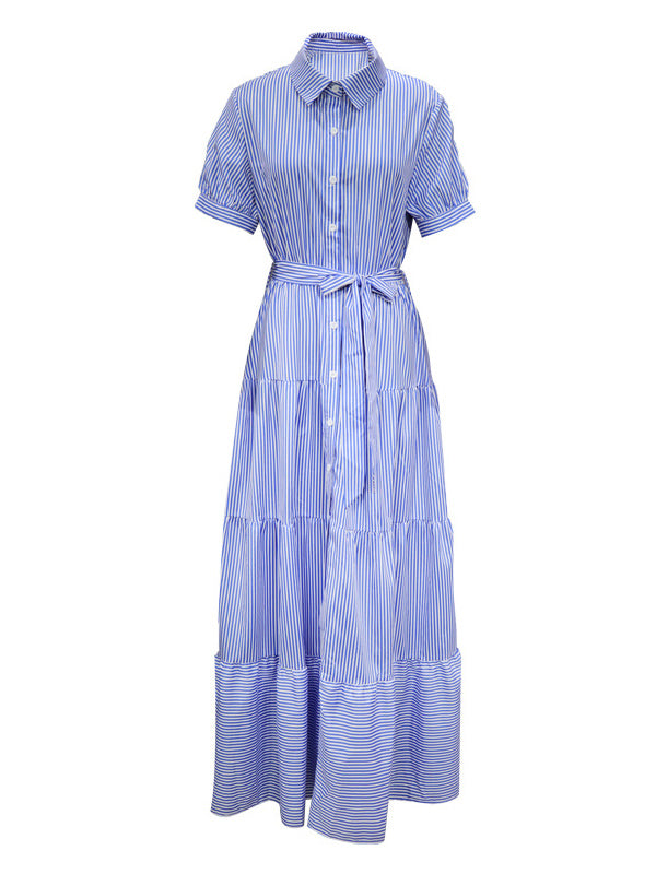Striped Loose Short Sleeves Lapel Maxi Dresses