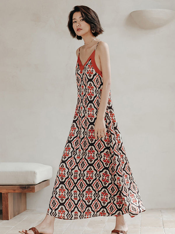 Vacation H-Line Floral Printed V-Neck Dress