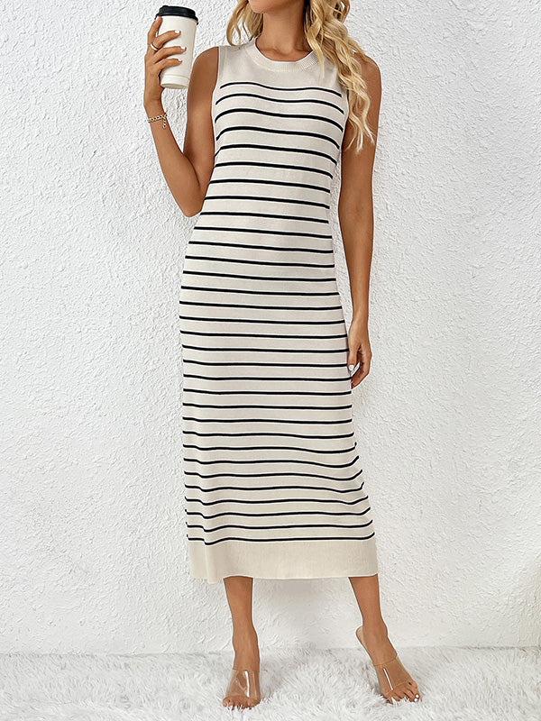 Striped Loose Sleeveless Round-Neck Midi Dresses Knit Dresses