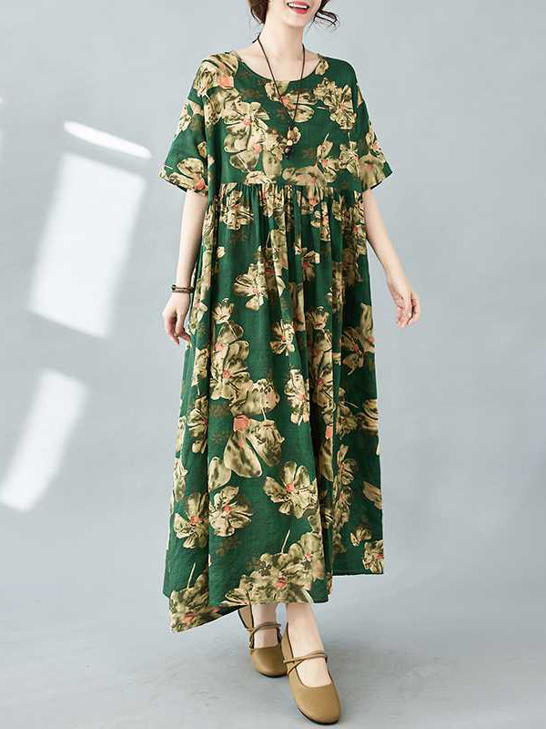 Flower Print Pleated Pockets Half Sleeves Loose Round-neck Midi Dresses