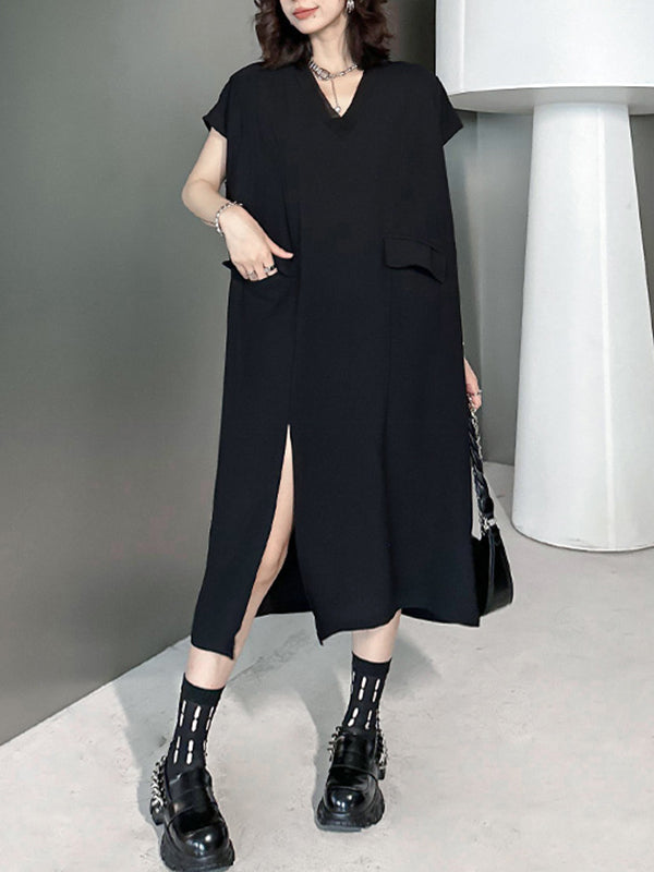 Asymmetric Solid Color Split-Joint Split-Side Loose Short Sleeves V-Neck Midi Dresses
