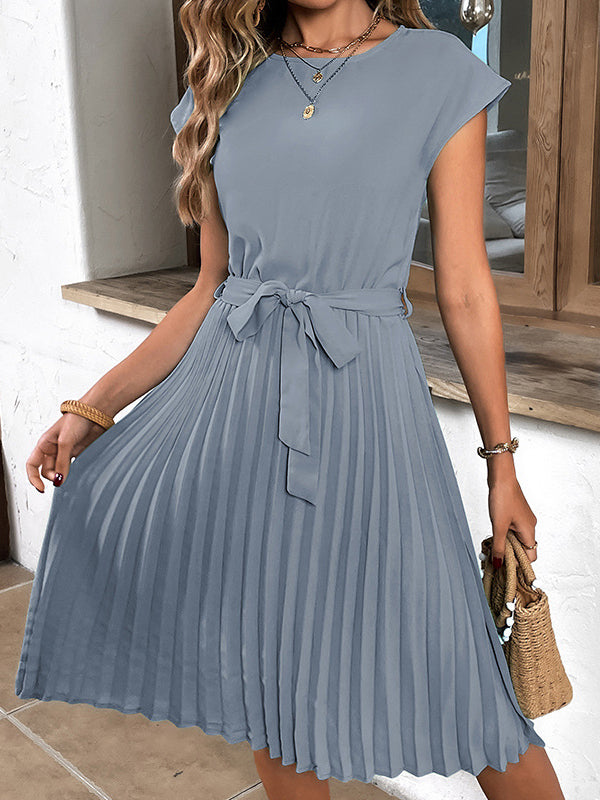 Pleated Solid Color Tied Waist A-Line Loose Round-Neck Midi Dresses