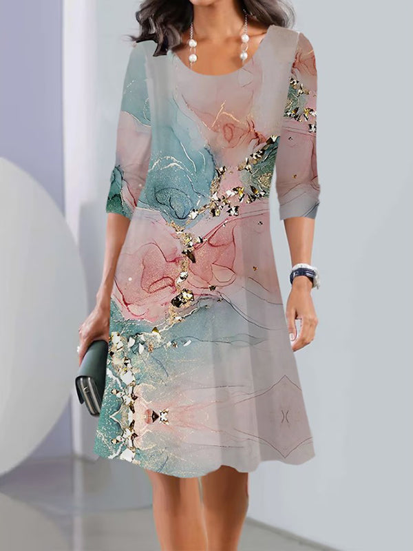 Flower Print Multi-Colored Printed Long Sleeves Round-neck Midi Dresses