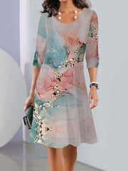 Flower Print Multi-Colored Printed Long Sleeves Round-neck Midi Dresses