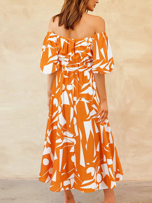 Contrast Color Elasticity Pleated Pockets Printed A-line Espadrilles Off-the-shoulder Midi Dresses