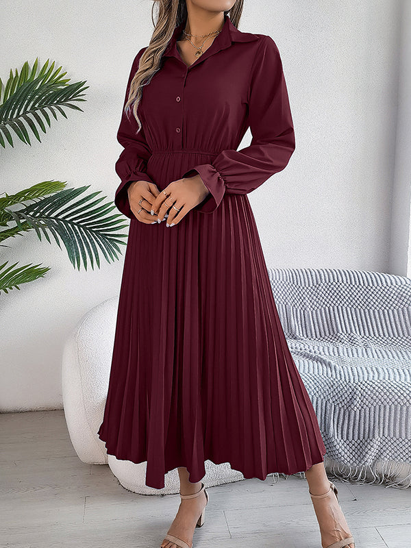 Buttoned Elasticity Pleated Solid Color A-Line Flared Sleeves Lapel Maxi Dresses