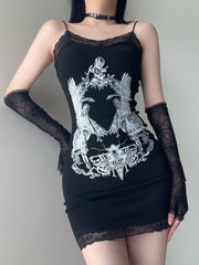 Gothic Black Lace Printed Halter Dress