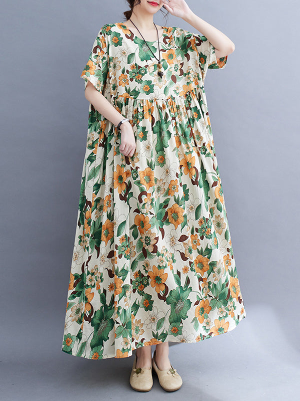 Floral Printed Pleated Split-Joint Loose Short Sleeves Round-Neck Midi Dresses
