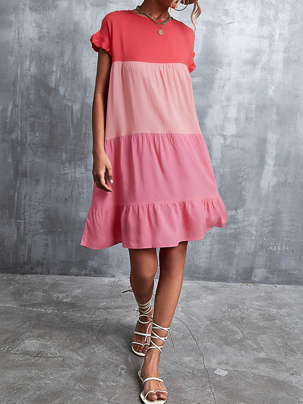 Contrast Color Falbala Pleated Split-Joint Loose Ruffle Sleeves Round-Neck Mini Dresses
