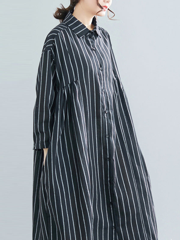 Simple Striped Buttoned Lapel Long Sleeves Shirt Dress