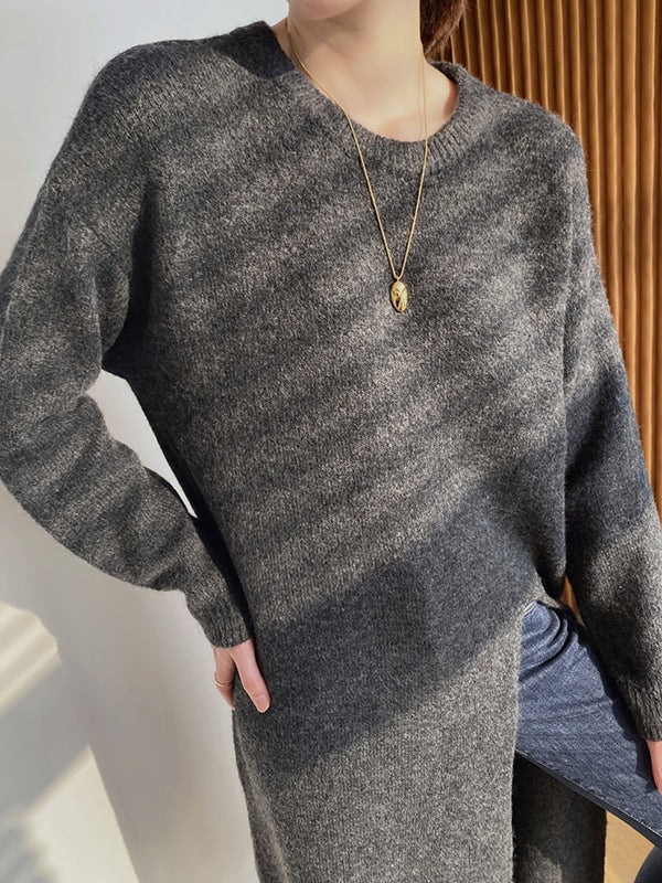 Loose Split-Side Solid Color Round-Neck Knitting Sweater Dresses