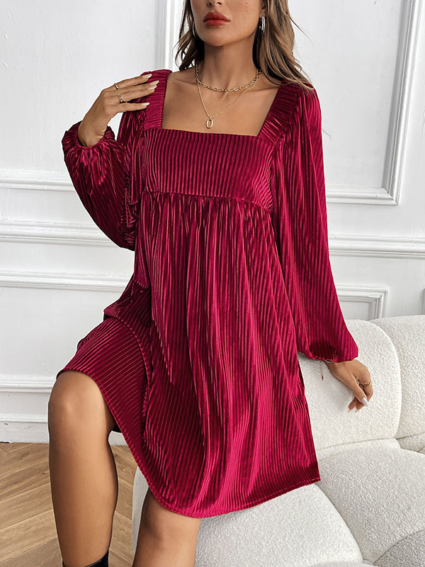 Pleated Shiny Solid Color Tied Velvet A-Line Long Sleeves Square-Neck Mini Dresses