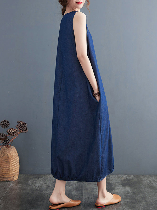 Buttoned Pleated Solid Color A-Line Loose Round-Neck Midi Dresses