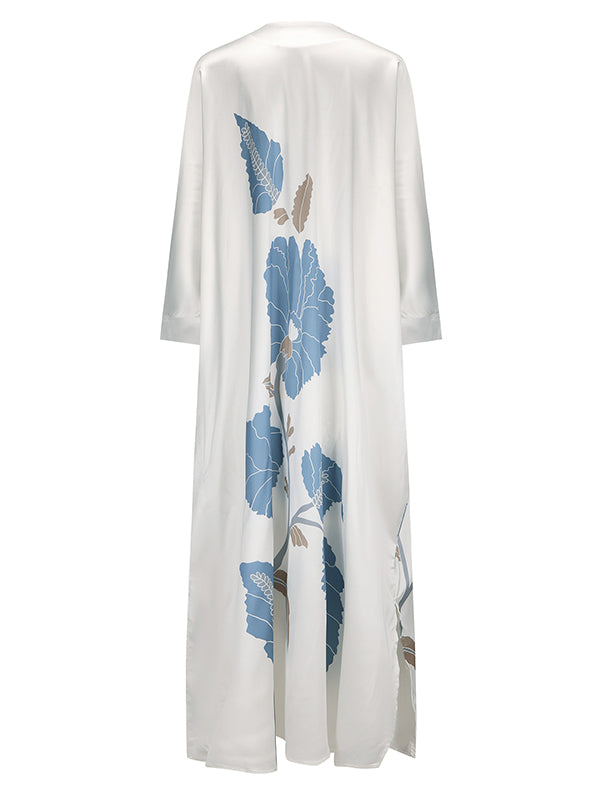 Long Sleeves Buttoned Contrast Color Flower&Leaves Print Muslim V-Neck Maxi Dress