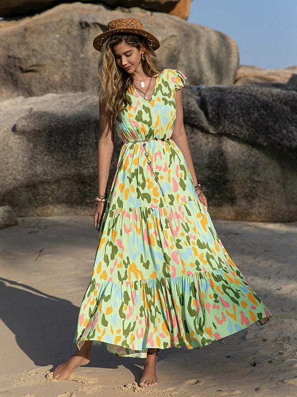 Bohemia A-Line Flared Sleeves V-Neck Maxi Dress