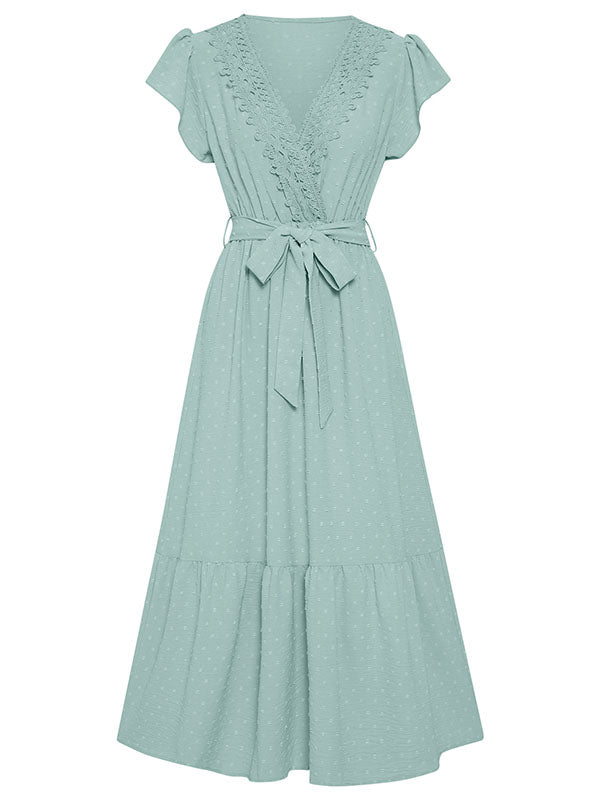 Vacation Sleeveless Loose Lace-Up Solid Color V-Neck Midi Dress