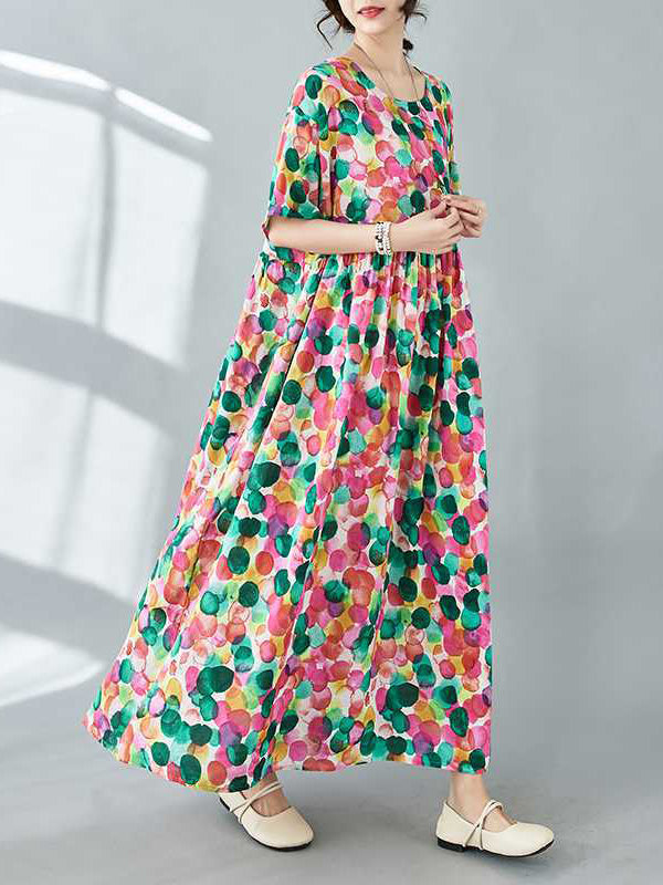 Pleated Polka-Dot Printed Split-Joint Half Sleeves Loose Round-Neck Midi Dresses