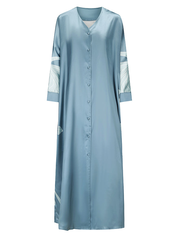 Long Sleeves Buttoned Contrast Color Flower&Leaves Print Muslim V-Neck Maxi Dress