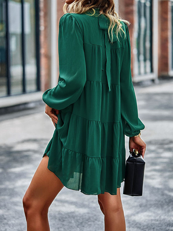 Elasticity Pleated Solid Color Split-Joint Tied A-Line Bishop Sleeve Mock Neck Mini Dresses