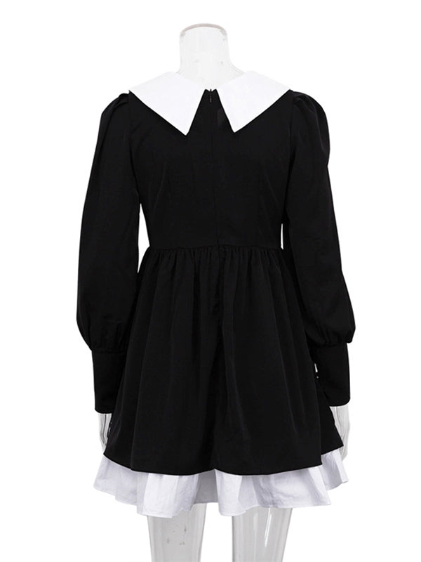 Contrast Color Pleated Tiered Long Sleeves Loose Peter Pan Collar Mini Dresses