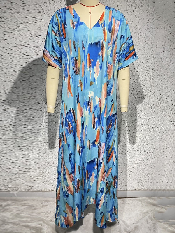 Contrast Color High-Waisted Printed Loose Short Sleeves V-neck Maxi Dresses