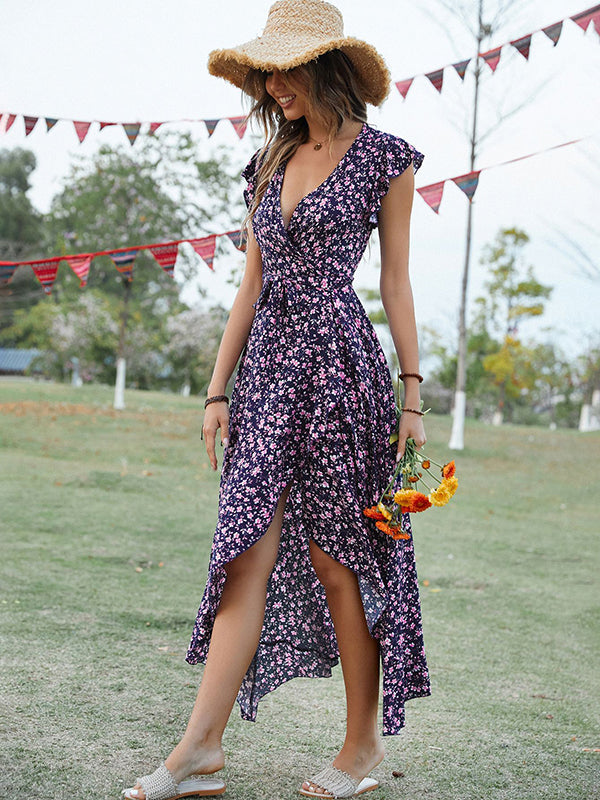 Vacation Irregularity Floral V-Neck Dress