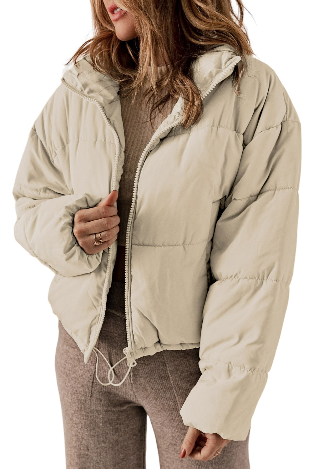 Zip Up Drawstring  Puffer Coat