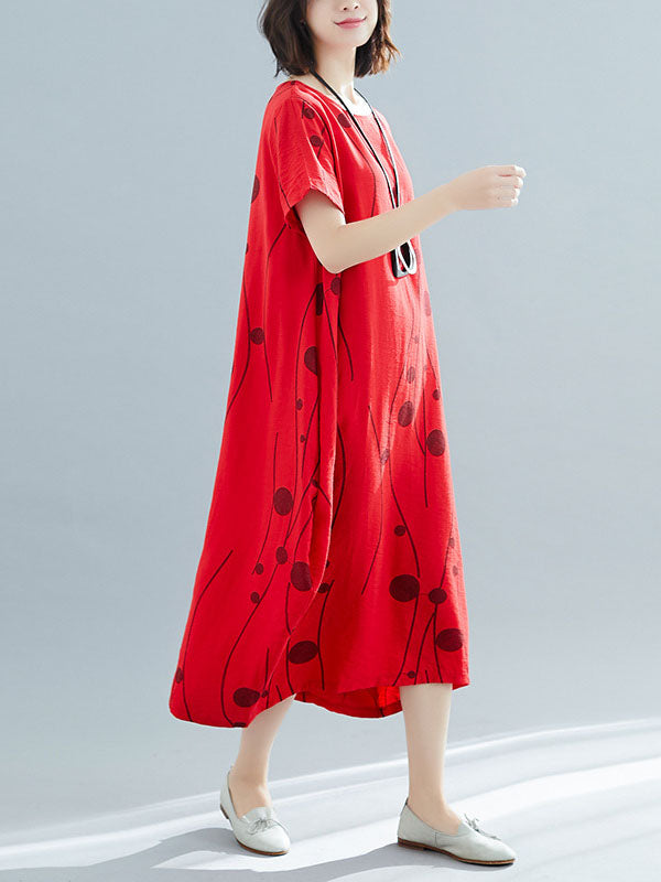 Printed Loose Short Sleeves Round-neck Midi Dresses