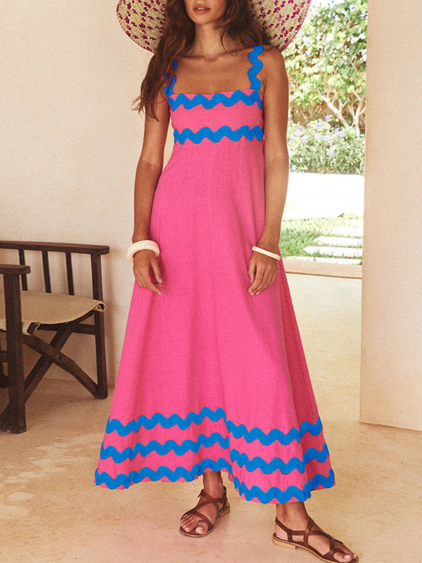 Contrast Color Zipper A-Line High Waisted Square-Neck Midi Dresses