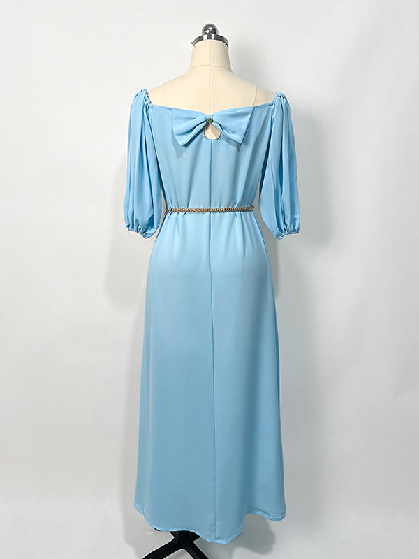Vacation Loose Puff Sleeves Solid Color One-Shoulder Dress