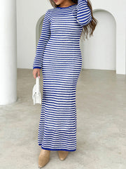 Contrast Color Striped Tied High Waisted Long Sleeves Round-Neck Sweater Dresses Midi Dresses